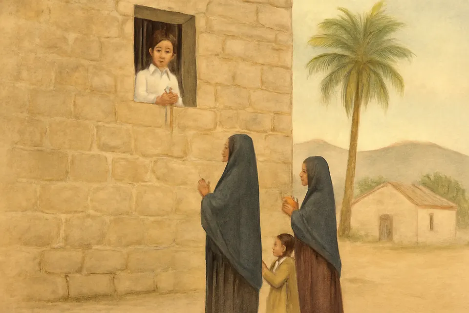 Ilustración en estilo acuarela de un muchacho que reza el rosario asomado a una pequeña ventana enrejada de un viejo templo, mientras dos mujeres con rebozo lo escuchan desde la calle