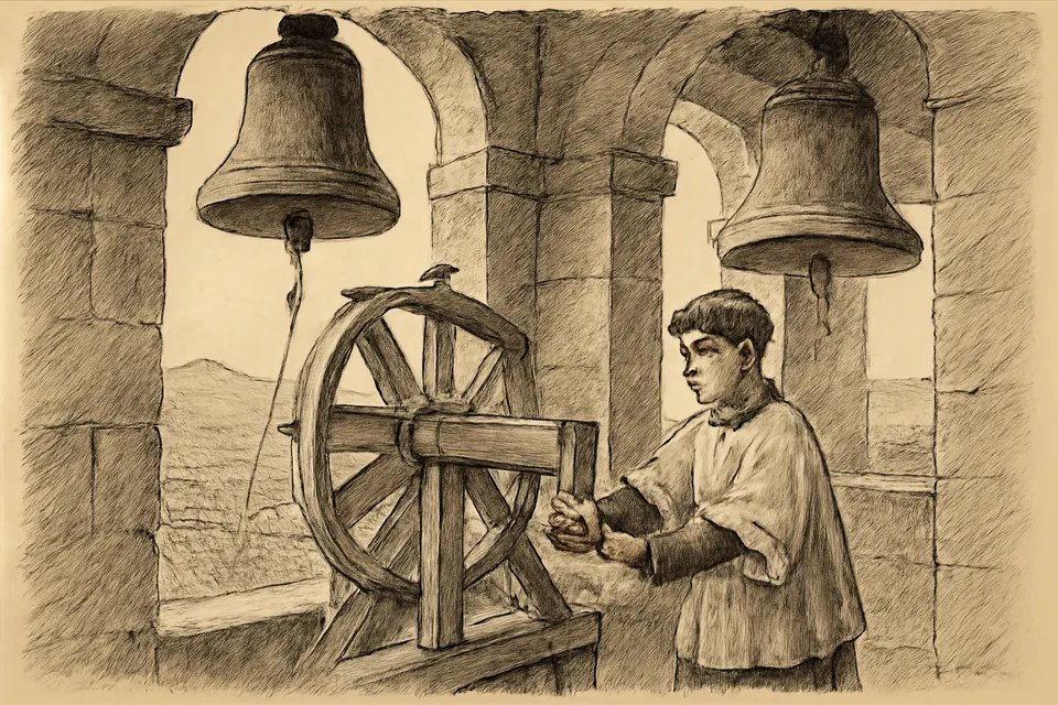 Ilustración en estilo de dibujo a tinta de un monaguillo que hace girar una gran matraca de madera en el campanario, con las campanas inmóviles, el Jueves Santo