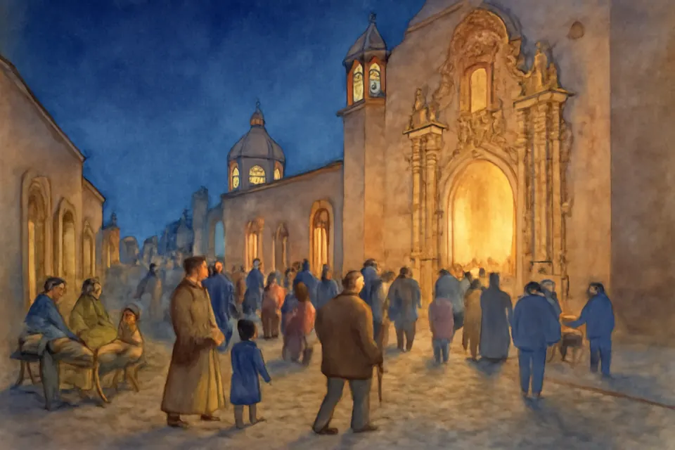 Ilustración en estilo acuarela de familias que caminan de noche entre templos coloniales iluminados en la visita de las siete casas del Jueves Santo en México