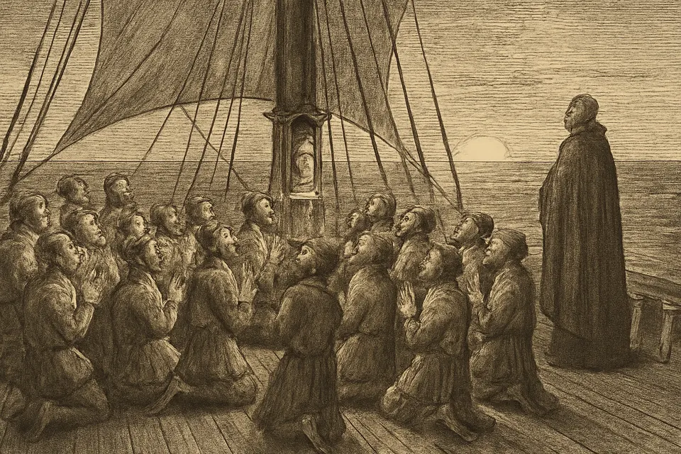 Ilustración en estilo grabado de los marineros de una carabela que cantan la Salve en cubierta al caer la tarde, alrededor del palo mayor