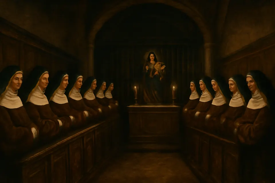 Ilustración de estilo óleo de religiosas de clausura que cantan la Salve de pie en el coro de un convento español, a la luz de las velas, al terminar el día
