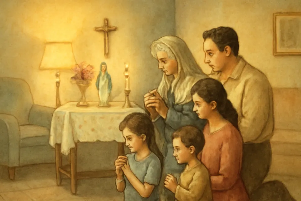 Ilustración en estilo acuarela de una familia latinoamericana que termina el Rosario con la Salve, de rodillas ante un pequeño altar doméstico con una imagen de la Virgen