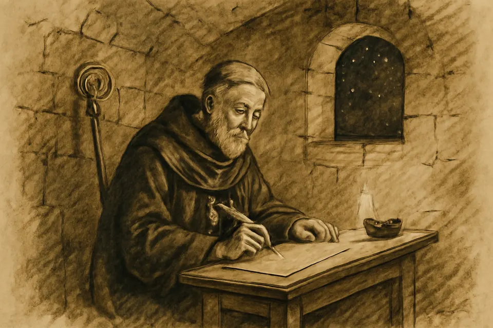 Ilustración en estilo tinta de un anciano obispo medieval que escribe a la luz de una lámpara de aceite en una celda de piedra, según la tradición que le atribuye la Salve