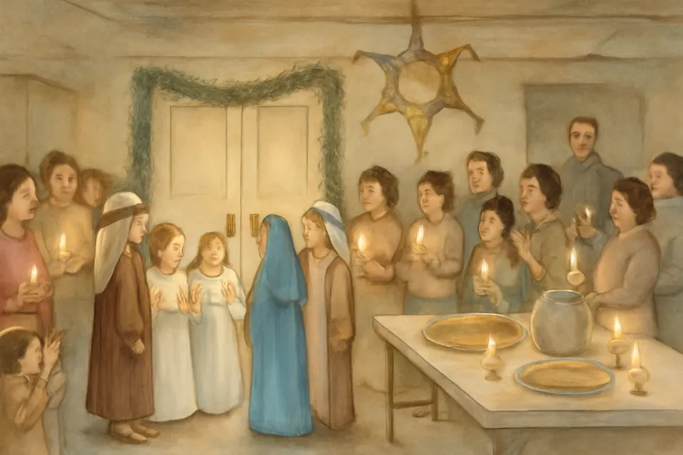 Ilustración en estilo acuarela de una posada en el salón parroquial de una comunidad hispana de Estados Unidos, con niños disfrazados de pastores y ángeles y familias que cantan con velas