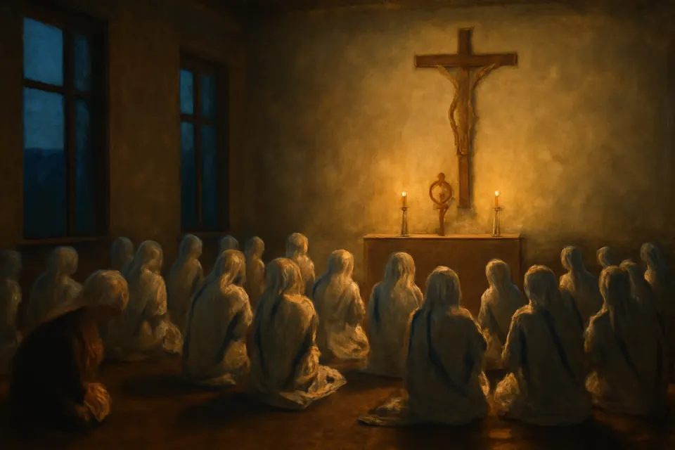 Ilustración en estilo óleo de religiosas con sari blanco orlado de azul arrodilladas en el suelo de una capilla sencilla ante el Santísimo expuesto y un crucifijo, antes del amanecer