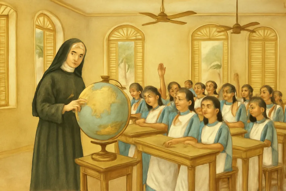 Ilustración en estilo acuarela de una joven religiosa con hábito negro de las Hermanas de Loreto enseñando geografía a un grupo de niñas bengalíes en un aula colonial de Calcuta