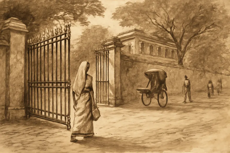 Ilustración en estilo tinta de una religiosa pequeña con un sencillo sari blanco orlado de azul que sale sola por el portón de un convento hacia una calle de Calcuta en 1948