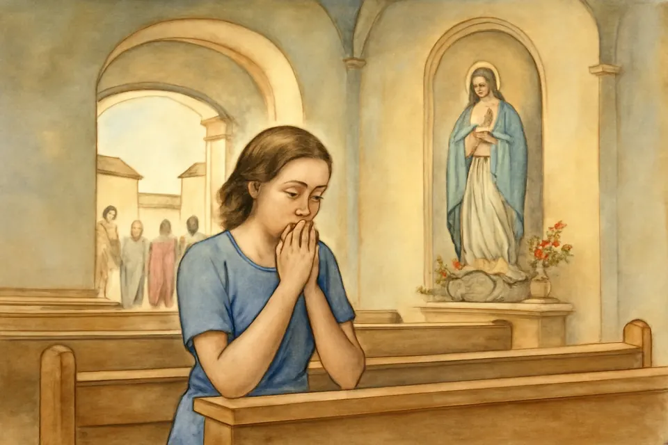Ilustración en acuarela de una mujer arrodillada en un banco de una parroquia latinoamericana, con los ojos cerrados en acción de gracias después de comulgar