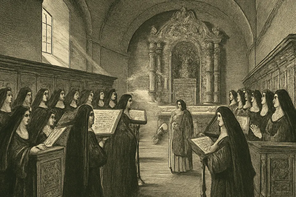 Ilustración en estilo grabado de un coro de monjas de pie en sus sitiales, cantando el Magníficat en Vísperas mientras el sacerdote inciensa el altar