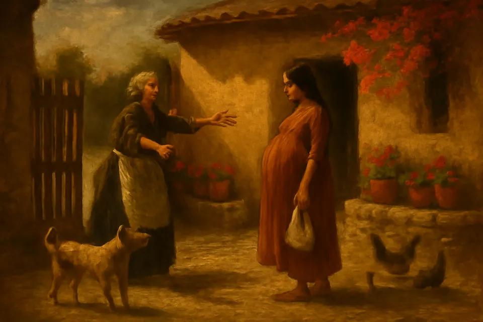 Ilustración en estilo óleo de una joven embarazada que llega de visita a la casa de su tía anciana, que la recibe con los brazos abiertos en el patio
