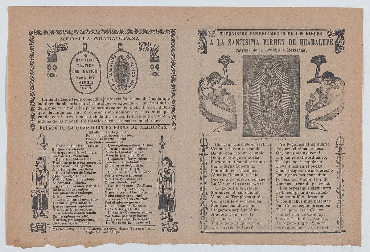 Hoja volante de 1901 con un grabado de la Virgen de Guadalupe entre dos ángeles con flores, y columnas de versos impresos para los peregrinos