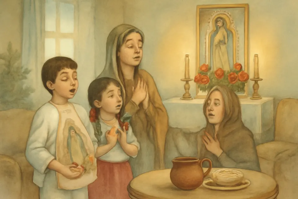 Ilustración en acuarela de unos niños vestidos de inditos y de Juan Diego que cantan con su familia ante un altar casero de la Virgen de Guadalupe