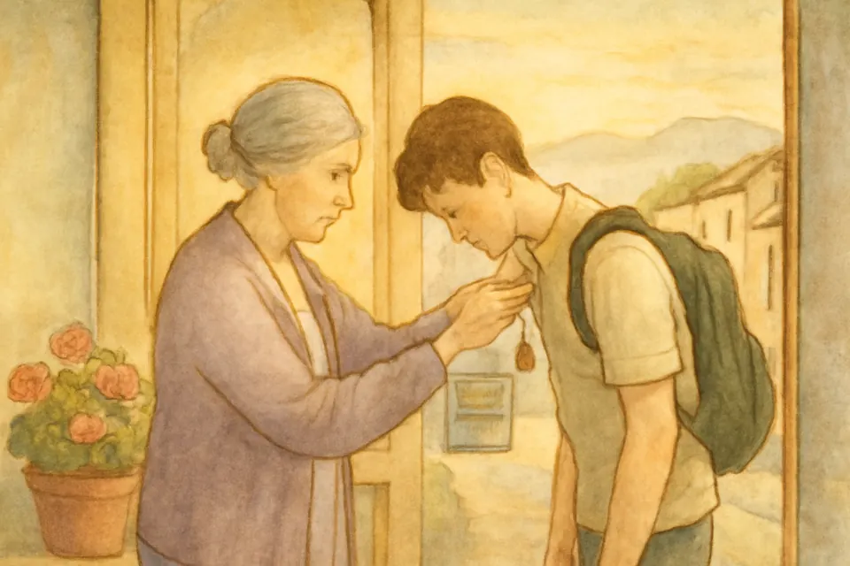 Ilustración en acuarela de una abuela que pone una medalla de San Benito al cuello de su nieto adolescente antes de que salga de viaje