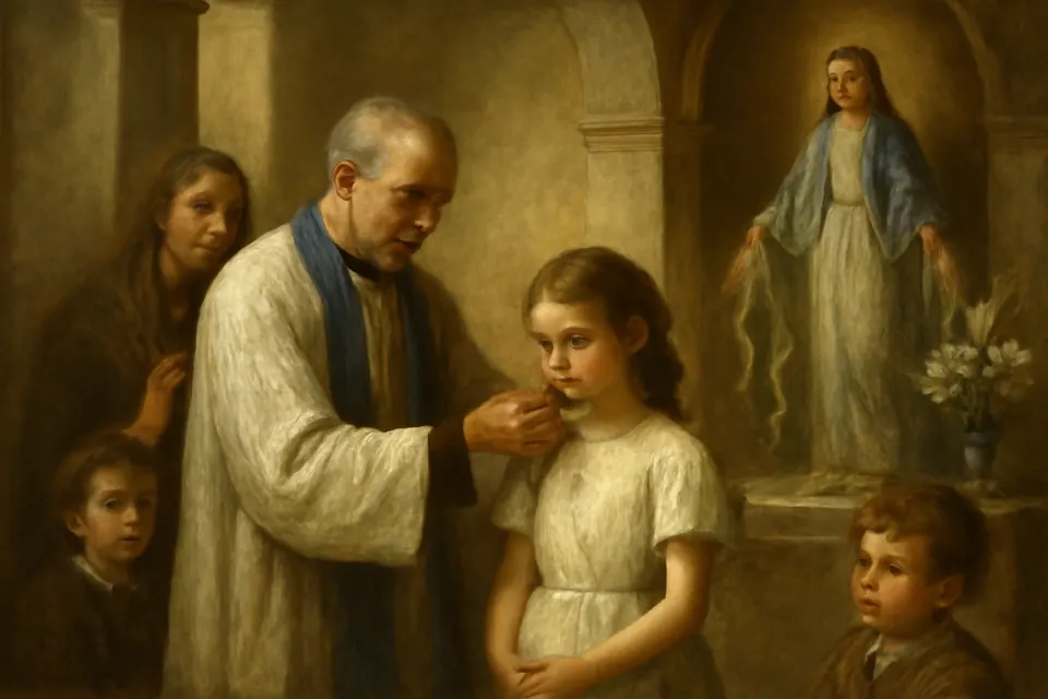 Ilustración al estilo de pintura al óleo de un sacerdote que coloca una medalla al cuello de una niña en una parroquia colonial, mientras su familia reza