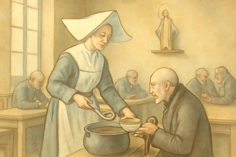Ilustración en acuarela de una religiosa con hábito gris y toca blanca que sirve sopa a unos ancianos en el comedor de un asilo de París del siglo XIX