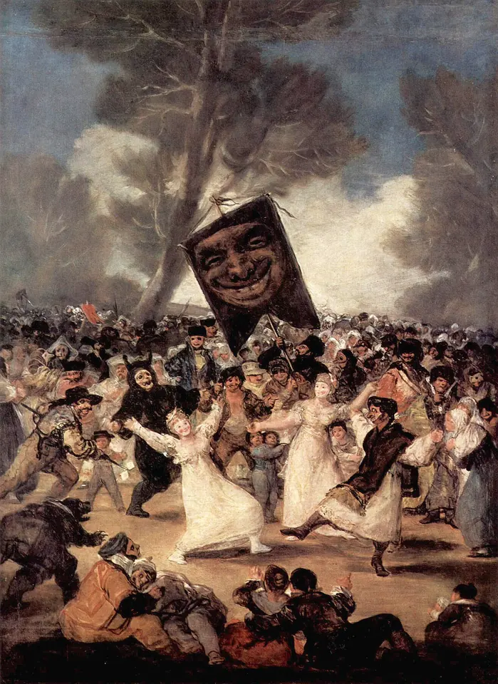 Una multitud enmascarada baila en un prado bajo un estandarte con una gran cara oscura y sonriente, en una fiesta popular madrileña del fin del Carnaval