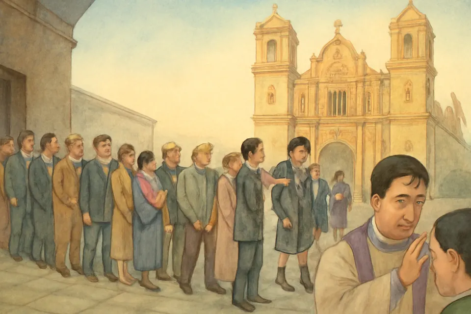 Ilustración en estilo acuarela de una larga fila de fieles de todas las edades que esperan para recibir la ceniza en el atrio de una catedral colonial mexicana, a primera hora de la mañana