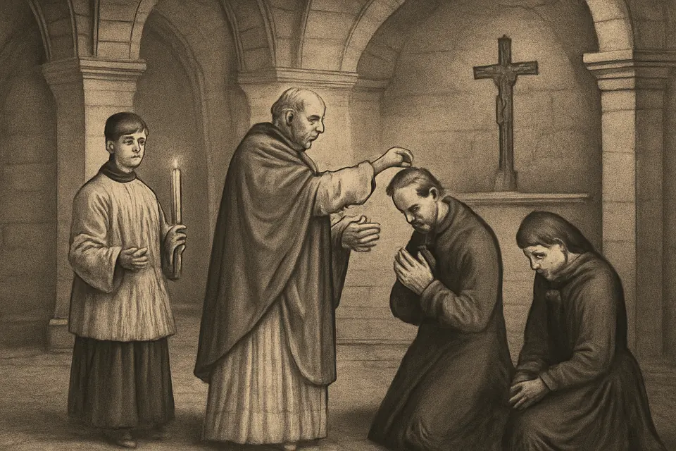 Ilustración en estilo grabado de un sacerdote que esparce ceniza sobre la cabeza inclinada de los fieles arrodillados, como se hace en Roma y en buena parte de Europa