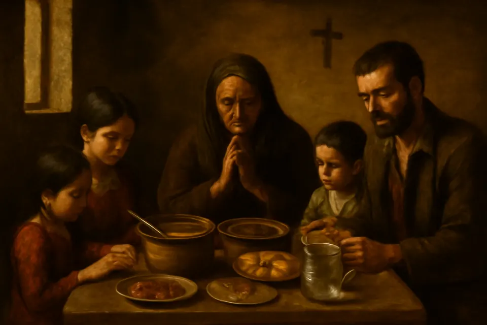Ilustración en estilo óleo de una familia sencilla reunida a la mesa el Miércoles de Ceniza, con una comida sin carne de sopa de verduras, pan, frijoles y pescado, todos con una cruz de ceniza en la frente
