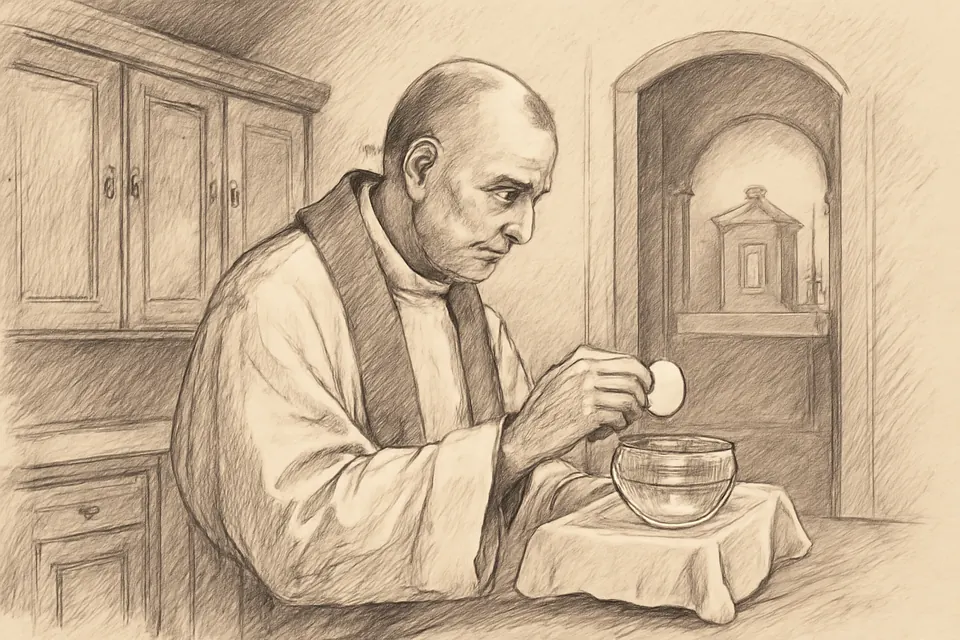Dibujo a tinta de un sacerdote que, en la sacristía, coloca con cuidado una Hostia caída en un pequeño recipiente de cristal con agua para llevarla al sagrario