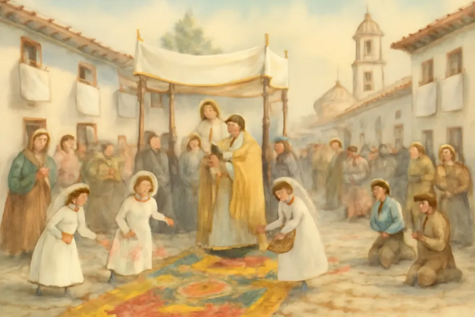 Ilustración en acuarela de una procesión de Corpus Christi por la calle empedrada de un pueblo latinoamericano, con el sacerdote bajo palio llevando la custodia y niños que echan pétalos