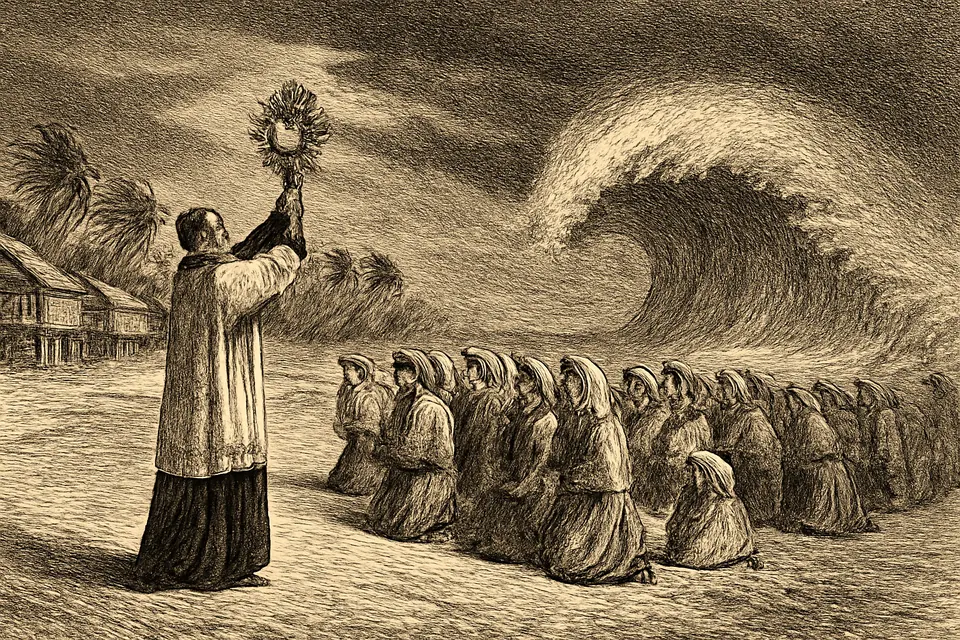 Ilustración en estilo grabado de un sacerdote que levanta la custodia en la playa ante una gran ola, mientras el pueblo de Tumaco reza de rodillas detrás de él