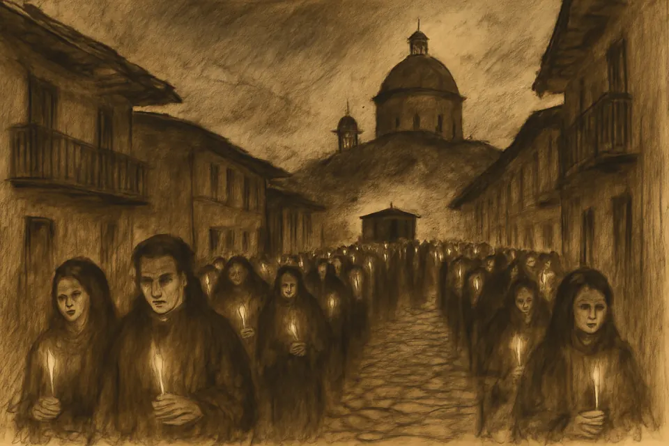 Dibujo a tinta de una procesión de Viernes Santo de noche por las calles de un pueblo colonial, con fieles que llevan velas encendidas