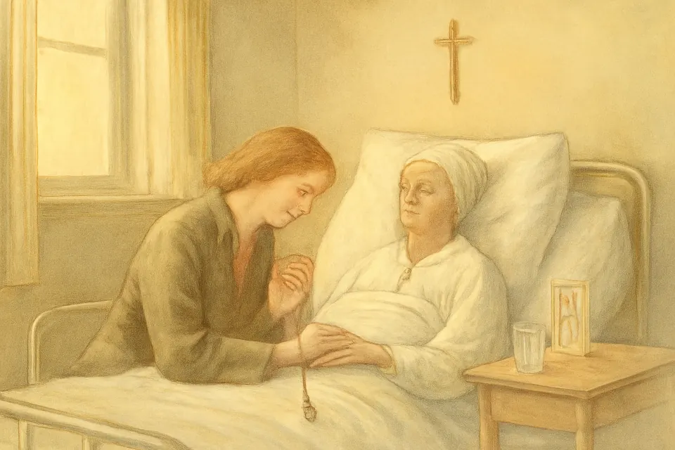 Ilustración en estilo acuarela de una mujer que reza el rosario junto a la cama de su madre enferma en un hospital