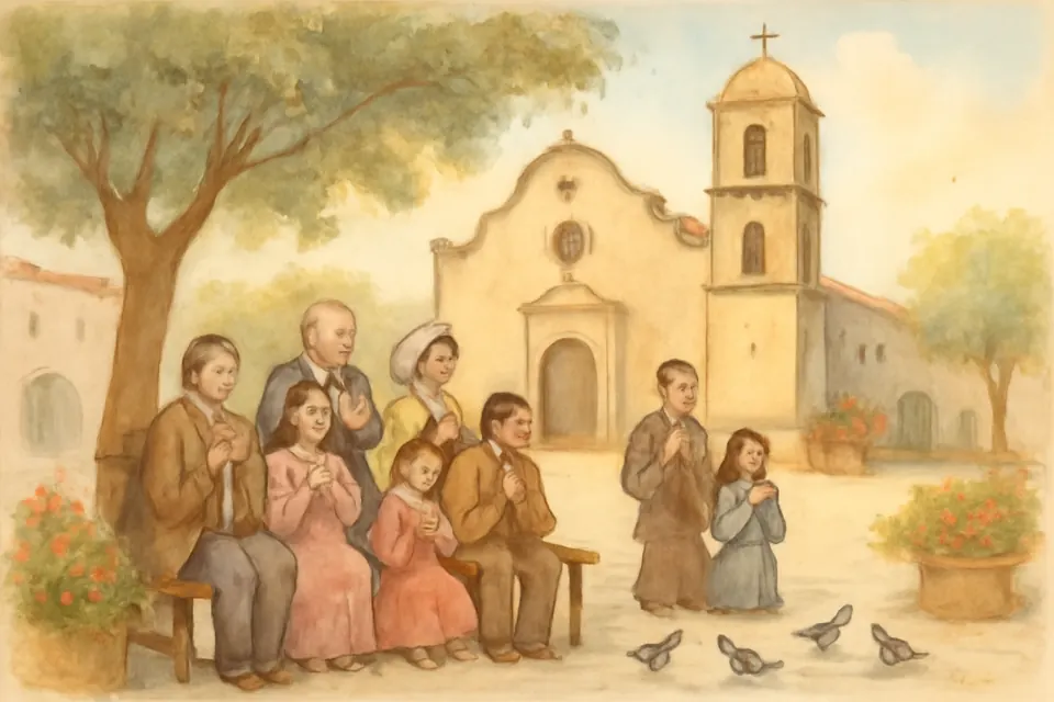 Ilustración en estilo acuarela de un grupo de feligreses que reza el rosario un domingo en la plaza frente a la parroquia