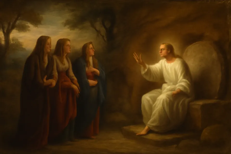 Ilustración en estilo óleo de las santas mujeres que llegan al amanecer al sepulcro vacío y encuentran a un ángel sentado sobre la piedra