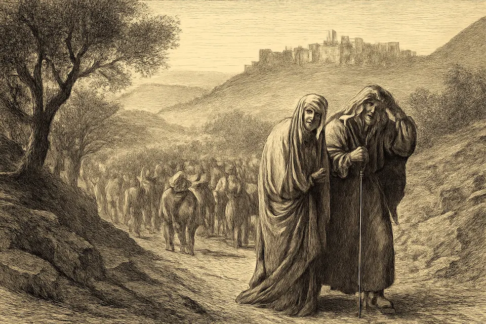 Grabado de María y José caminando por un sendero de montaña hacia Jerusalén, buscando al Niño Jesús entre los peregrinos
