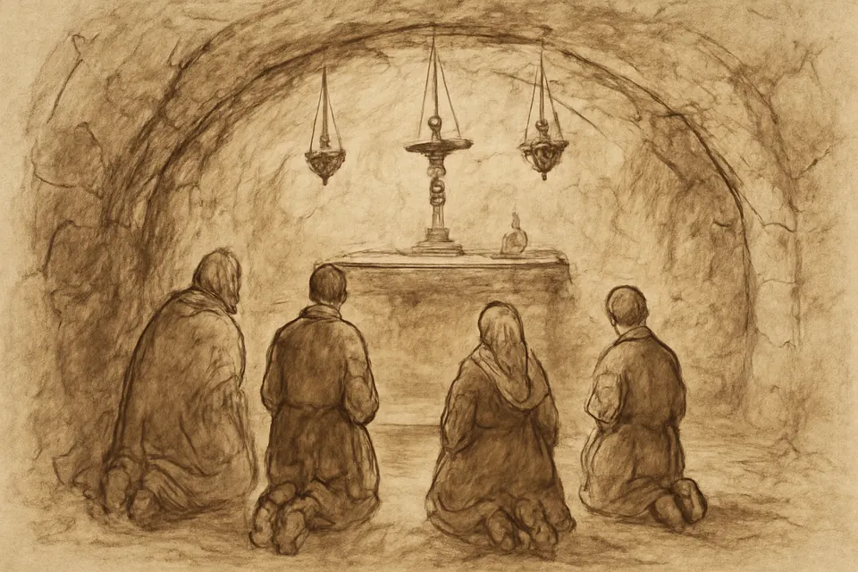 Dibujo a tinta de peregrinos arrodillados en oración silenciosa dentro de una gruta de piedra iluminada por lámparas
