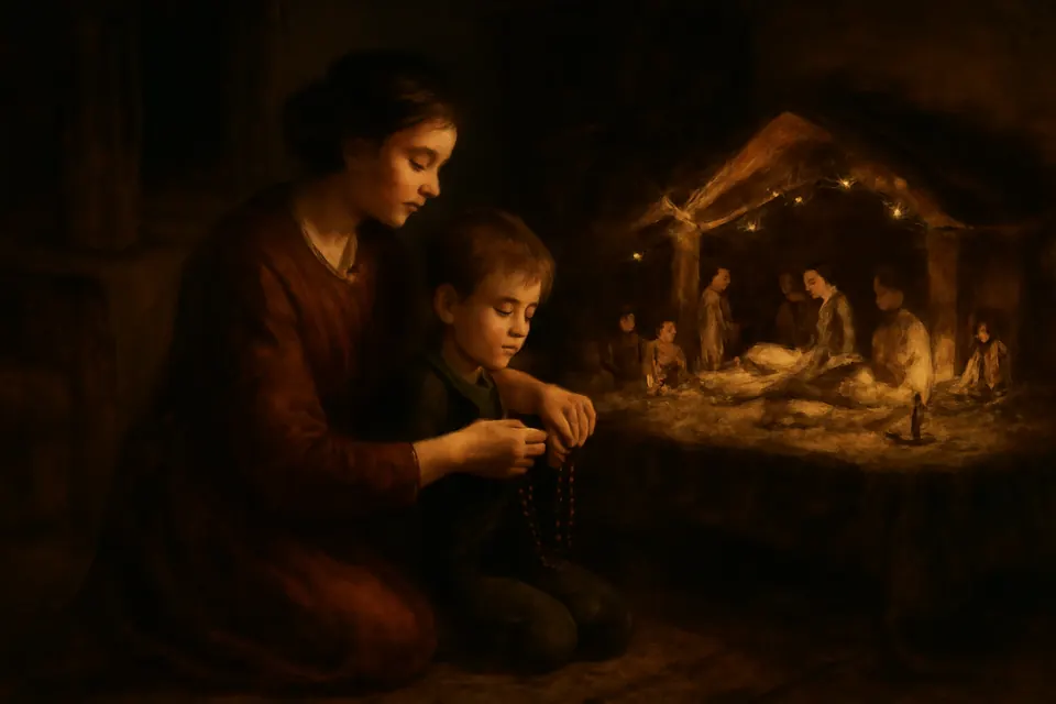 Ilustración en estilo óleo de una madre que enseña a su hijo a rezar el rosario frente a un nacimiento navideño en casa