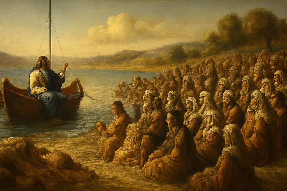 Ilustración en estilo óleo de Jesús predicando desde una barca a la multitud reunida en la orilla del mar de Galilea