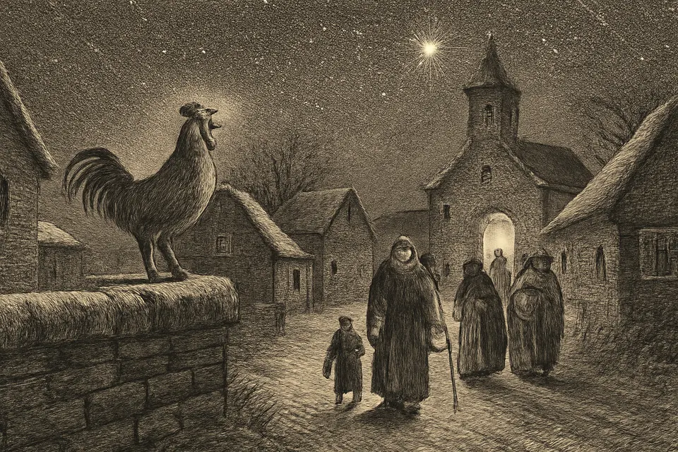 Ilustración en estilo grabado antiguo de un gallo que canta sobre un muro de piedra a medianoche, mientras los vecinos del pueblo caminan con faroles hacia la iglesia