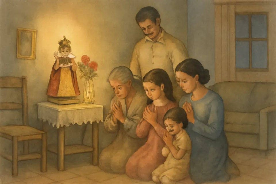 Ilustración en acuarela de una familia latinoamericana que reza de noche ante un pequeño altar casero con una imagen del Niño Jesús de Praga vestido de rojo, flores y una veladora