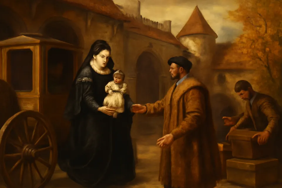 Ilustración en estilo óleo de una joven novia española del siglo XVI que llega en carruaje a un castillo de Bohemia con una pequeña imagen del Niño Jesús en brazos