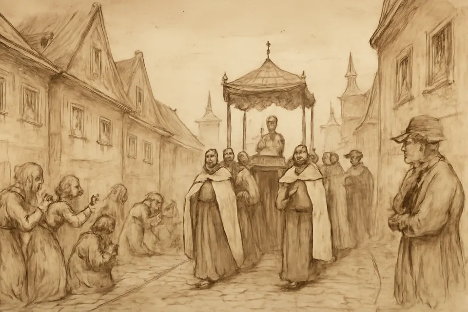 Ilustración en estilo tinta de una procesión del siglo XVII que lleva en andas la pequeña imagen del Niño Jesús por una calle empedrada de Praga, entre fieles arrodillados