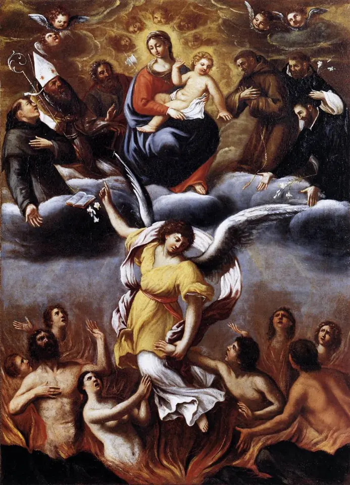Pintura de un ángel con túnica amarilla que saca a un alma de las llamas del purgatorio, mientras otras almas tienden las manos hacia la Virgen con el Niño y los santos en las nubes
