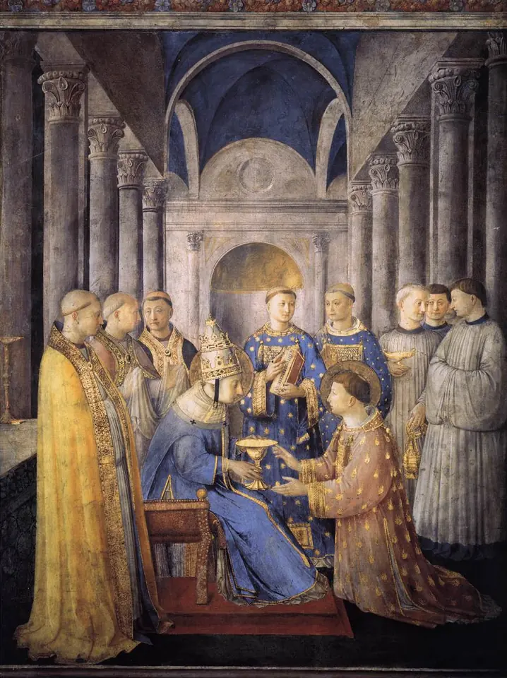 Fresco de un papa sentado con capa azul y dorada que entrega un cáliz a un joven diácono arrodillado, con clérigos de pie detrás de ellos en una iglesia abovedada