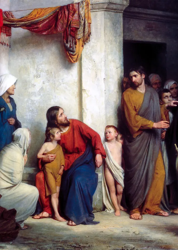 Pintura de Jesús sentado en un umbral que abraza a un niño pequeño de túnica roja, mientras madres y niños se acercan y un apóstol observa