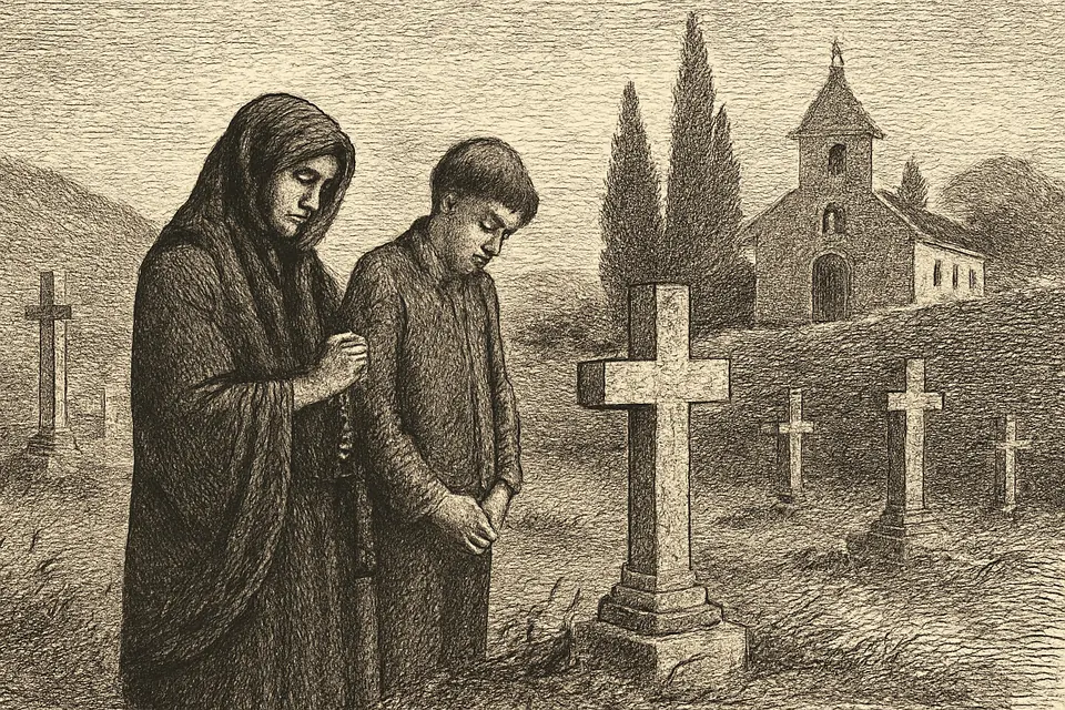 Ilustración en estilo grabado de una madre y su hijo que rezan de pie ante una tumba sencilla con una cruz de piedra en un cementerio de pueblo