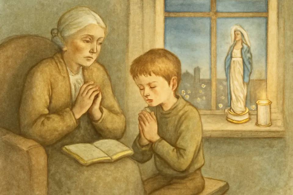 Ilustración en acuarela de una abuela y su nieto que rezan juntos con un librito de novena junto a una ventana, con una imagen de la Inmaculada y una vela encendida