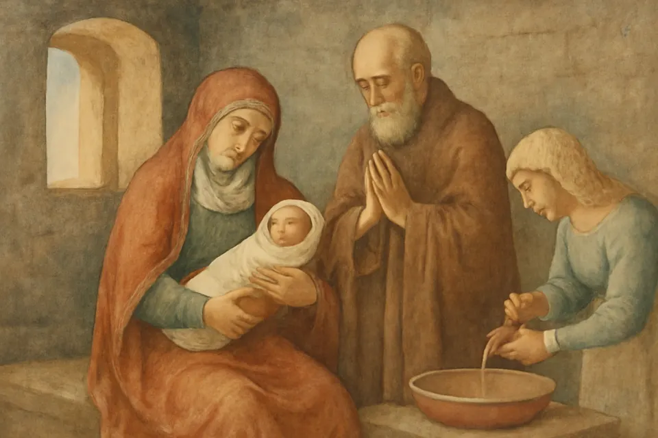 Ilustración al estilo de fresco de Santa Ana que sostiene en brazos a la Virgen María recién nacida, mientras San Joaquín las mira con las manos juntas