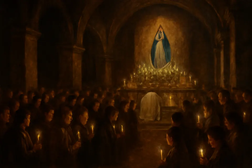 Ilustración al estilo de pintura al óleo de una iglesia llena de fieles con velas encendidas durante la vigilia de la Inmaculada, la noche del 7 de diciembre