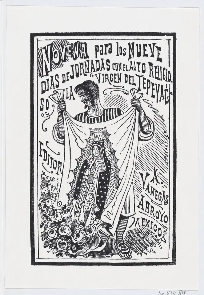 Grabado en blanco y negro de José Guadalupe Posada de Juan Diego que extiende su tilma con la imagen de la Virgen de Guadalupe y rosas a sus pies, con el título de una novena