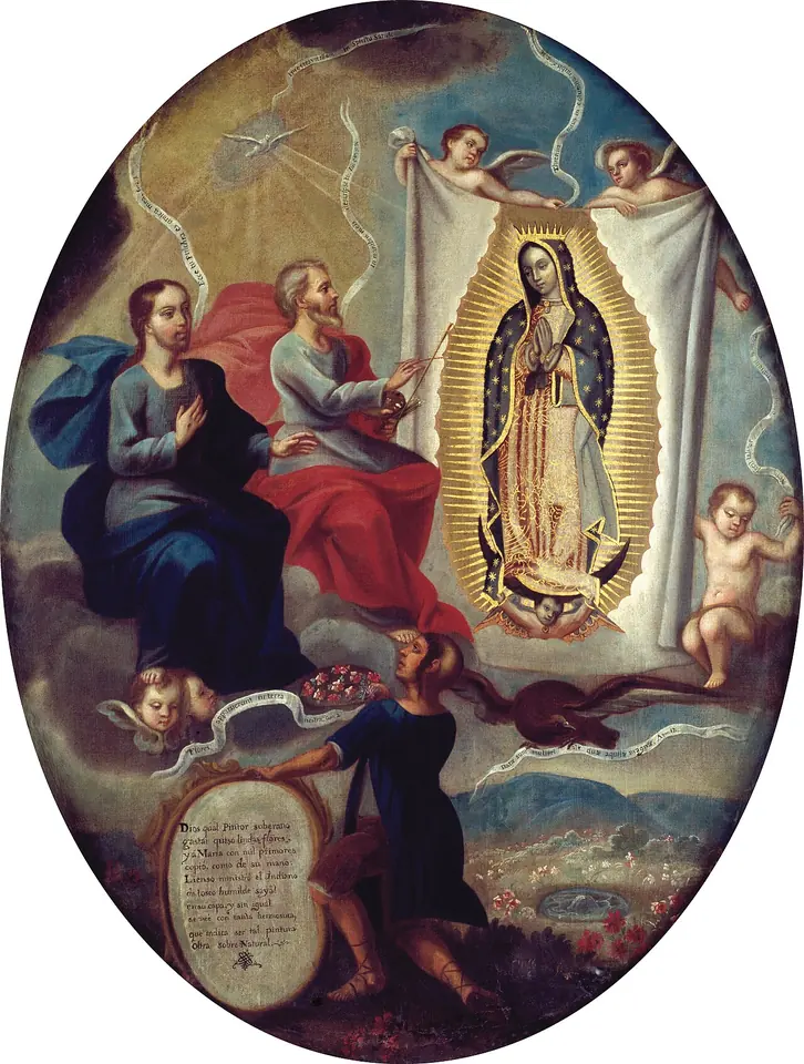 Pintura virreinal ovalada de la Santísima Trinidad entre nubes, en la que Dios Padre pinta con un pincel la imagen de la Virgen de Guadalupe sobre un lienzo que sostienen unos ángeles