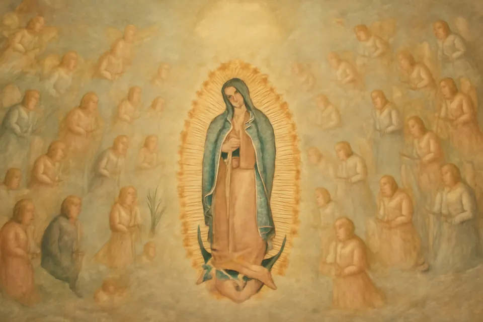 Ilustración al estilo de fresco de la Virgen de Guadalupe rodeada por los nueve coros de ángeles en círculos de luz