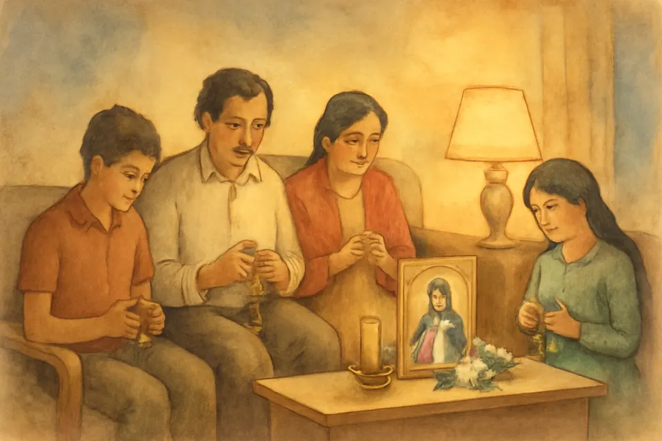 Ilustración en acuarela de un matrimonio con sus dos hijos adolescentes que rezan el rosario juntos en la sala de su casa, ante una imagen de la Virgen con una cinta blanca