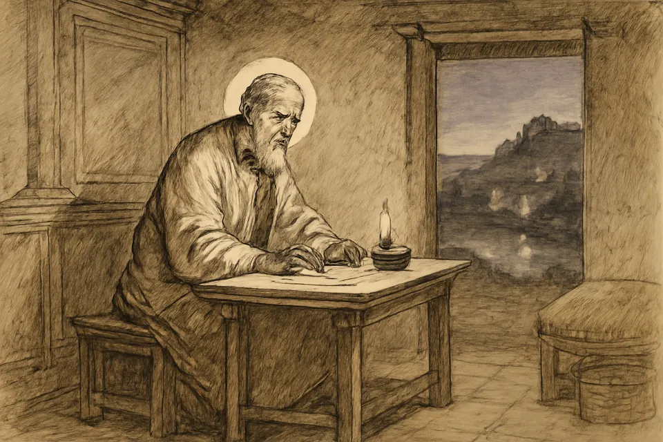 Dibujo a tinta de San Ireneo, un obispo de barba en túnica y manto sencillos, que escribe en un rollo a la luz de una lámpara de aceite en una casa romana de Lyon